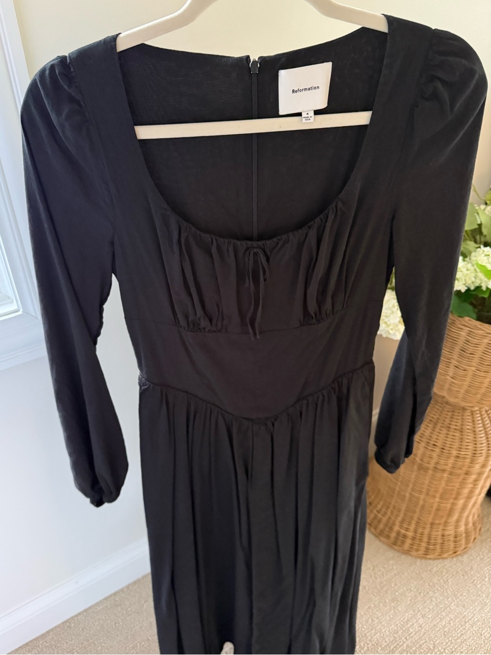 Reformation Black Long-Sleeve Square-Neck Midi Dress